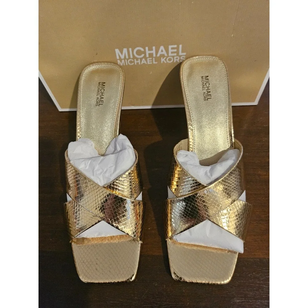 Michael Kors Clara Mule Square toe Sandals Gold Snake Skin leather New in box 10